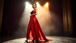 Glamorous woman in elegant evening gown ,high heels posing on luxury stage under spotlight, cinematic lighting, photorealistic, fashion magazine styletion, Vogue editorial aesthetic.