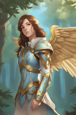Young woman with brown hair, large angel wings, wearing sleek light blue and gold leather armor, forest background, RWBY animation style