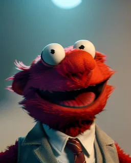 hybrid character, Elmo muppet head, realistic man body, human arms and hands, Shirt and tie, concept art, smooth, unreal engine 5, god lights, ray tracing, RTX, lumen lighting, ultra detail, volumetric lighting, 3d, finely drawn, high definition, 4k.