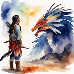 Watercolor Native confronting the ancien feather dragon