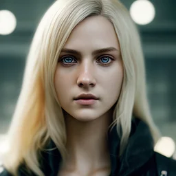 Photorealistic close-up of a beautiful blonde ninja with dystopian clothes and background