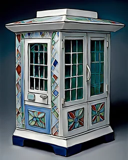 intricate porcelian sculpture of the square vacant street kiosk, circa 2000, painted and glazed ceramics, 7cm height, facade small square window for cash, flat roof, one-story, one-room, silver mean composition, hyperdetailed, sophisticated, intricate details, contemporary urban art gallery, product-focused, sharp focus, inspired by minimalism, Mark Rothko, Marc Chagall, Benetton and gestalt theory