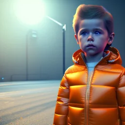 3d render, Willem dafoe toddler, full body, orange puffer jacket, dramatic lighting, volumetric lighting, concert background, hyper realistic, unreal engine 5, 8k, UHD,