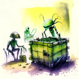 crate an Alien environemt with some aliens doing daily task work, watercolour painting