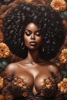 Create an oil painting image of a curvy black female wearing a brown off the shoudler blouse and she is looking down with Prominent makeup. Highly detailed tightly curly black afro. Background of large brown and black flowers surrounding her