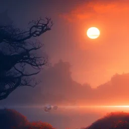 silhouette, world in bloom, concept art, sunset, orange blue