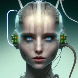 singer Danish MØ face, lumen lighting, led lights, <hanging wires> many wires connected to the head<perfect pupil> <cyborg> <garage> <sci-fi futuristic>