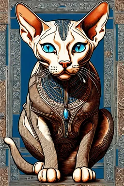 art by Boris Kostygov, intricate detailed Sphynx siamese cat with blue eyes