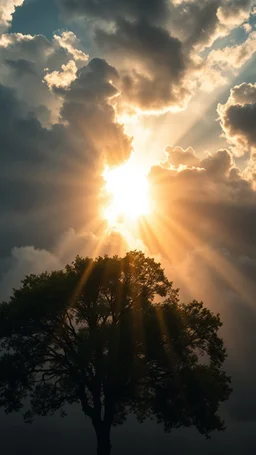 Sun light above swirling clouds, emerges from the heart of a raging storm. Turbulent winds of steam swirl around lit by shafts of sunlight that cast dramatic shadows on the A beautiful tree High quality 16k cinematic scene and great photography