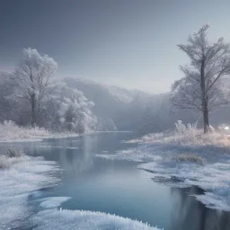 highly detailed frozen over lake landscape, illustration, cinematic lighting, 4k, 8k, octane render, digital concept art, trending on artstation, pinterest, extremely detailed, ambient lighting.