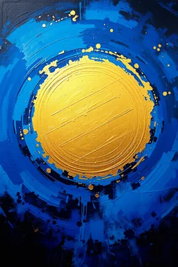 stunning Royal blue, teal, cobalt blue, black oil painting! bold, textured brushstrokes, creating a spiritual and expressive masterpiece. The big golden dot around big blue circles in circle background