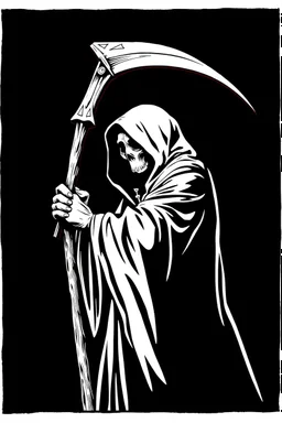 hooded Grim-Reaper gripping scythe(upward), vignette, black and white graphic novel style with a red outline, and black background,
