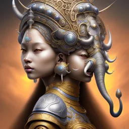 Sango fantasy, fantasy magic, intricate, sharp focus, illustration, highly detailed, digital painting, concept art, matte, art germ and Paul Lewin and Kehinde Wiley, masterpiece silver elephant head bronze Buddha Asian African girl nice breast Hawaiian hair turquoise golden waves