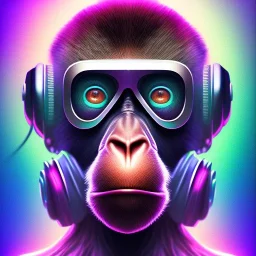 A beautiful portrait of a cyborg monkey purple neon color scheme, high key lighting, volumetric light high details psychedelic background