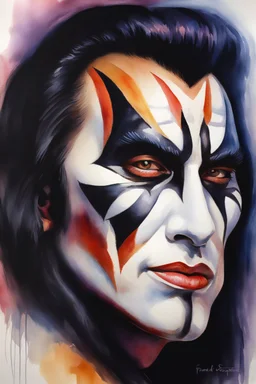 text "KISS", head and shoulders portrait, KISS Gene Simmons - well-shaped, perfect figure, perfect face, smiling, a multicolored, watercolor stained, wall in the background, oil painting in the art style of Frank Frazetta, 4k, 8k, 32k UHD, Hyper realistic, extremely colorful, vibrant, photorealistic, realistic, sharp, highly detailed, professional quality, beautiful, awesome, majestic, superb, trending on artstation, pleasing, lovely, Cinematic, gorgeous, Life like, Highly detailed