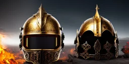 apocalypse, chaotic, magnificent, realistic, colorful, massive, epic, ray tracing, cinematic, 8k, HD, Ultra High Definition, photo film, film grain, hyper-detailed, old tarnished ornate rusty Hyper detailed Gold Gothic Medieval Knight helmet with glass visor covering face and matching suit of armor, background with colorful destroyed ancient gothic ruins