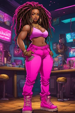 Create a comic book cartoon of a curvy African American female wearing a hot pink jean outfit with timberland boots. Prominent make up with hazel eyes. She is wearing large diamond hoop earrings. Extremely highly detailed very long dread locs hair that shines. Background of a night club.