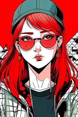 japan teenager girl with red hair wearing a sporty sweatshirt and baseball cap and sunglasses with red lenses, gabriel picolo comics style, cartoon background, 80's, negative black hoodie, negative baseball red cap,