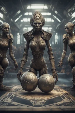 sacred geometry playing card, hyper violent ogre women soccer team in the Olympics in the style of Giger and fallout 4 ,,bokeh like f/0.8, tilt-shift lens 8k, high detail, smooth render, down-light, unreal engine