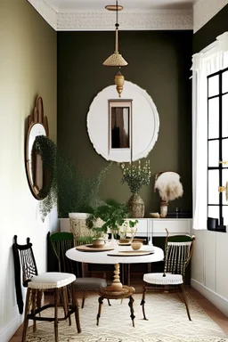 dining room Traditional / CLASSIC/ FARMHOUSE styles. With brown wood flooring AND WHITE WALLS. WOOD coffee table, with a light brown ratan and black wood chair. with an old golden maroque mirror . a small bar, . green couch, colors: white, black, beige.. Materials: rattan, wood, marble,ceramic,clay