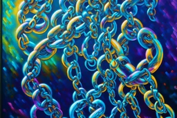 Interlocking colorful holographic biolunimescent metal chains, infinity highly detailed elegant fantasy oil on canvas cinematic lighting 4k beautiful fantastic view colourful Van Gogh acrylic art