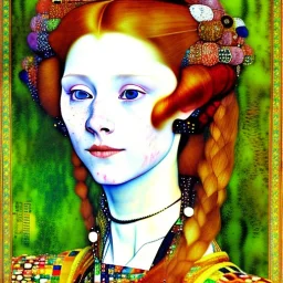 watercolor Portrait of a redhead long hair woman green eyes beautiful voluptous smiling 15th century by Gustav Klimt Ingres 8k