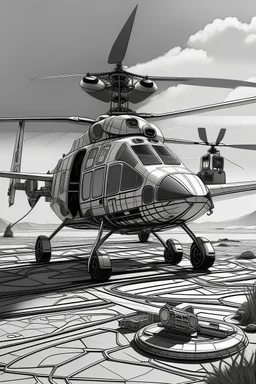 Outline art, no shading, helicopter on the ground, black and white, no shading, ow detail, --ar 9:11