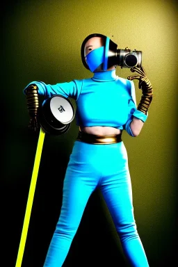 Cyan photograph Cyber-punk woman, steel mask, old AKG-style big headphones, golden rings & disc. Fencing mask. Speakers. Kill Bill, steel sword, Hattori Hanso. Thick tights, thick calves, arched fell, wide hip. Old camera lenses, ancient artifact attached, perfect body. Electronic circuits, device, laser. 5-dimensional Escher tiling background. Daft Punk, Tron Movie. Matrix movie clothes, tippet, latex. Wicked sneakers. 1990's, old telephone microphone as mouth. Minimalism fashion Futurism