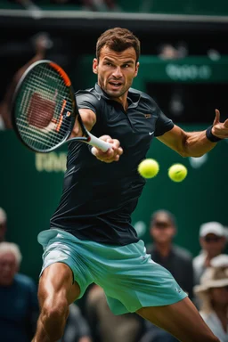 A hyper-realistic, A vibrant illustration of Grigor Dimitrov in action, executing a perfect forehand. Photo Real, HOF, full size, practicality,manufacturability,performance, (((realism, realistic, realphoto, photography, portrait, , realistic, beautiful, elegant, charming, apocalyptic environment, professional photographer, captured with professional DSLR camera,trending on Artstation, 64k, ultra detailed, ultra accurate detailed, bokeh lighting, surrealism, Thomas Kinkade backgr