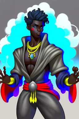 Male Air genasi fra d&d with black skin smoke some hair an Asian skin ghostly appearance with a Smokey undertone