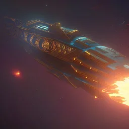 huge ornate spaceship made of brass flying through space, on fire, emitting smoke