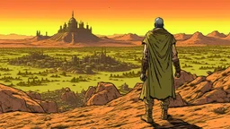 Desert warrior from behind looking at a city on a plateau in the distance, comic style