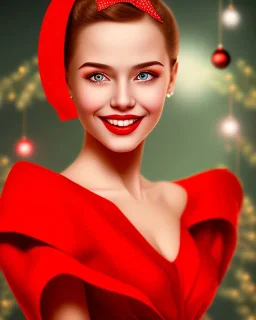 girl in red dress, close up portrait, Christmas, smiling, cute, beautiful, 1940s