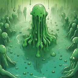 A pool of green goo people fall in and dissolve and a monster rises dripping green, in infographic drawing art style