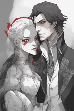 Vampire count Strahd Von Zarovich has long black hair and red eyes, with a woman with white hair