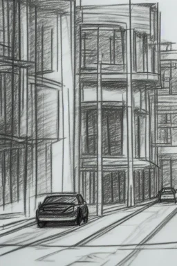 Pencil sketch of A car stops on an empty street, a traffic light, a paved road, houses on the side ، on lined paper