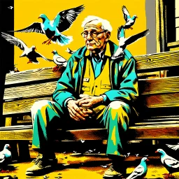 A digital painting in a vintage pop-art style. An elderly man sits on a wooden bench surrounded by pigeons, holding some in his hands. The scene is inspired by a black-and-white photograph but reimagined with bold pop-art colors, strong contrasts, textured brush strokes, and a retro urban atmosphere. The background features distressed textures, with warm yellows, deep reds, and teal greens, blending realism with stylized graphic design. The man’s expression remains detailed and expressive, while