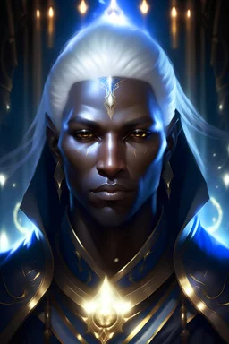 Generate a dungeons and dragons character portrait of the face of a male cleric of peace aasimar that looks like a drow blessed by the goddess Selune. He has black hair and glowing eyes and is surrounded by holy light