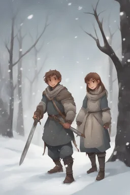 DnD style, two medieval peasant kids playing in the snow male and female, age 14 and 15, happy and playful, he has a short sword