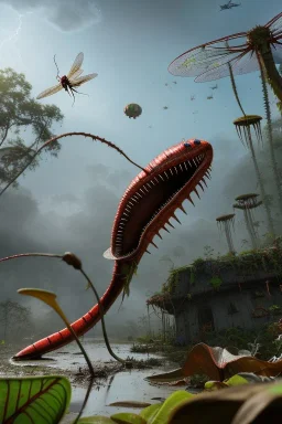 large venus fly trap with teeth eating a dragonfly, flowers, jungle, hyperrealistic, trees in background, digital art, alien like, disgusting, intricate, morbid, rainy, sinister, volumetric lighting, unreal engine, high resolution, 8k, depressing colors, dark colors, horror, horrific,