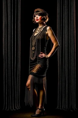 Full Body, burlesque Woman looking to the right, With A Bob With A Fringe Hairstyle, flapper Clothing, Steampunk