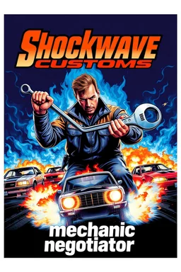 "Design a 90s-style action movie poster titled 'Shockwave Customs' with a blue theme and blue flames. Feature a super heroic mechanic in the foreground, fiercely battling thousands of adversaries with a spanner. In the background, show cars doing burnouts, creating a dynamic and intense scene. Capture the high-energy, gritty aesthetic of classic 90s action films. Prominently display the subtitle 'mmechanic negotiator' in bold, impactful lettering."