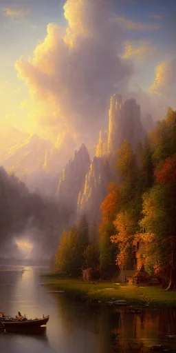  8k, detalied, hudson river school, mountains, river, atmospheric perspective, victorian house