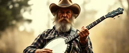 hill billy boss with a banjo In the style of Rembrandt,Background blur. Movie poster. Wild look.