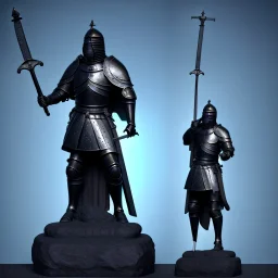 large black stone statue of a knight in a dark dungeon, holding a sword that's pointing up and glowing blue