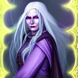 Female dungeons and dragons character, aasimar, eldritch warlock, spy, flowing white hair, glowing golden eyes, mysterious facial expression, close-up, violet magical energy, archfey patron