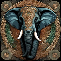 celtic elephant's head only I centered | symmetrical | key visual | intricate | highly detailed | iconic | precise lineart | vibrant and natural all round colors | comprehensive cinematic | alphonse mucha style illustration I very high resolution | sharp focus | poster | no watermarks I plain black background