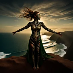 Create an image of a woman with a hyper-realistic style standing on a cliff in front of a spectacular view of the ocean and reaching her arms out to the sides, showing an elaborate body paint design. The skin should be painted in sections of black, silver, gold and green, with patterns imitating flowing lines and dots. The face features an asymmetrical mask-like effect, with one eye highlighted in gold and the other in green, complementing a matching silhouette. The lips are a vibrant red color,