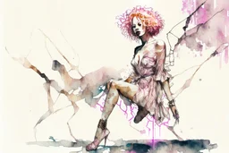 A beautiful woman with knee-length curly pink hair, wearing a spider-sleeved ankle-length tie-dye kaftan and silver high-heeled sandals, double exposure, merged layers, watercolor and black ink outlines, soft, shading strokes, cracked marble holographic background, the cracks are golden S<AI in sunshine