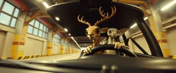 car driving happy 2d insect anime fluffy slimy alien okapi deer gremlin man in the style of Escher and Giger and Fallout 4, pinhole cam, airbrush 3d rendering, on tv screen:A five-second cinematic single take in a clean industrial presentation hall.